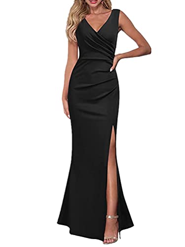ORANDESIGNE Damen Abendkleid V-Ausschnitt A-Linie Party Hohe Taille Langes Kleid mit Schlitzen Einfarbig Schlank Ärmelloses Abendkleid Cocktail A Schwarz M von ORANDESIGNE