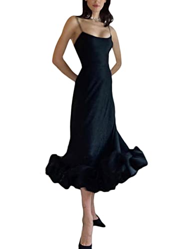 ORANDESIGNE Damen Abendkleider Ärmellos Elegant Partykleid Freizeitkleid Spaghettiträger Midikleid U-Ausschnitt A-Linien Trägerkleid Rüschenkleid Dimensional Schotenkleid A Schwarz L von ORANDESIGNE