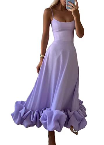 ORANDESIGNE Damen Abendkleider Ärmellos Elegant Partykleid Freizeitkleid Spaghettiträger Midikleid U-Ausschnitt A-Linien Trägerkleid Rüschenkleid Dimensional Schotenkleid A Violett L von ORANDESIGNE