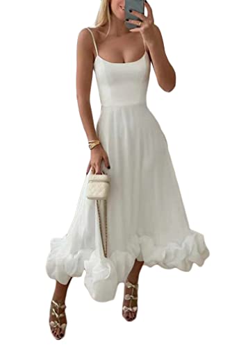 ORANDESIGNE Damen Abendkleider Ärmellos Elegant Partykleid Freizeitkleid Spaghettiträger Midikleid U-Ausschnitt A-Linien Trägerkleid Rüschenkleid Dimensional Schotenkleid A Weiß XS von ORANDESIGNE