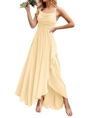 ORANDESIGNE Damen Abendkleider Elegant für Hochzeit Chiffon Abendkleid Lang Spaghettiträger Brautjungfernkleider Hi-Lo Kleid Hochzeitsgast Schlitz Cocktailkleid Aprikose XL von ORANDESIGNE
