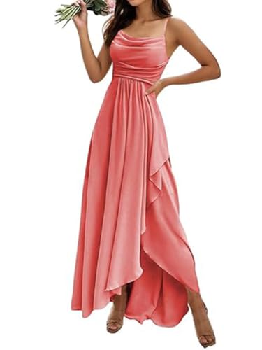 ORANDESIGNE Damen Abendkleider Elegant für Hochzeit Chiffon Abendkleid Lang Spaghettiträger Brautjungfernkleider Hi-Lo Kleid Hochzeitsgast Schlitz Cocktailkleid Dunkelrosa XS von ORANDESIGNE