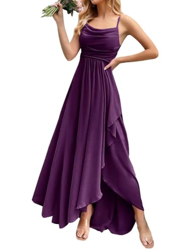 ORANDESIGNE Damen Abendkleider Elegant für Hochzeit Chiffon Abendkleid Lang Spaghettiträger Brautjungfernkleider Hi-Lo Kleid Hochzeitsgast Schlitz Cocktailkleid Dunkelviolett L von ORANDESIGNE