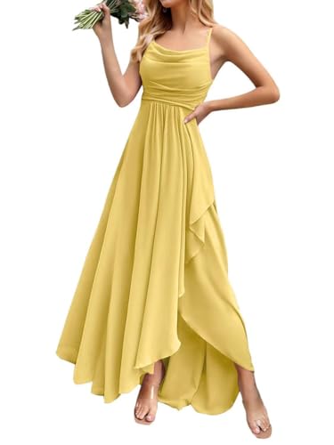 ORANDESIGNE Damen Abendkleider Elegant für Hochzeit Chiffon Abendkleid Lang Spaghettiträger Brautjungfernkleider Hi-Lo Kleid Hochzeitsgast Schlitz Cocktailkleid Gelb XS von ORANDESIGNE