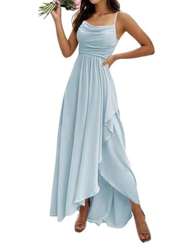 ORANDESIGNE Damen Abendkleider Elegant für Hochzeit Chiffon Abendkleid Lang Spaghettiträger Brautjungfernkleider Hi-Lo Kleid Hochzeitsgast Schlitz Cocktailkleid Hellblau M von ORANDESIGNE