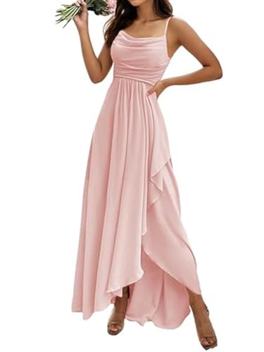 ORANDESIGNE Damen Abendkleider Elegant für Hochzeit Chiffon Abendkleid Lang Spaghettiträger Brautjungfernkleider Hi-Lo Kleid Hochzeitsgast Schlitz Cocktailkleid Helles Rosa XS von ORANDESIGNE