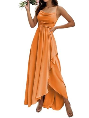 ORANDESIGNE Damen Abendkleider Elegant für Hochzeit Chiffon Abendkleid Lang Spaghettiträger Brautjungfernkleider Hi-Lo Kleid Hochzeitsgast Schlitz Cocktailkleid Orange XL von ORANDESIGNE