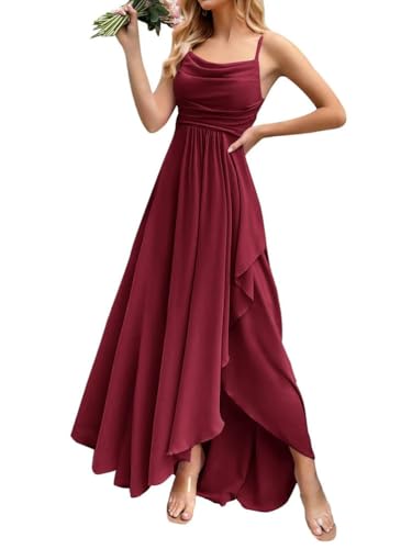 ORANDESIGNE Damen Abendkleider Elegant für Hochzeit Chiffon Abendkleid Lang Spaghettiträger Brautjungfernkleider Hi-Lo Kleid Hochzeitsgast Schlitz Cocktailkleid Weinrot S von ORANDESIGNE