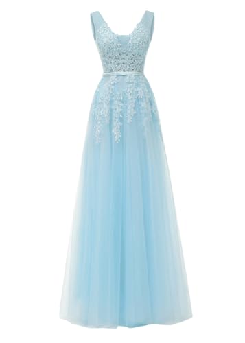 ORANDESIGNE Damen Abendkleider Elegant für Hochzeit Tüll Ballkleider Lang Brautjungfernkleider Cocktailkleid Festliche Kleider Hochzeitsgäste A Hellblau XXS von ORANDESIGNE