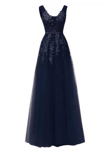 ORANDESIGNE Damen Abendkleider Elegant für Hochzeit Tüll Ballkleider Lang Brautjungfernkleider Cocktailkleid Festliche Kleider Hochzeitsgäste A Marine XS von ORANDESIGNE