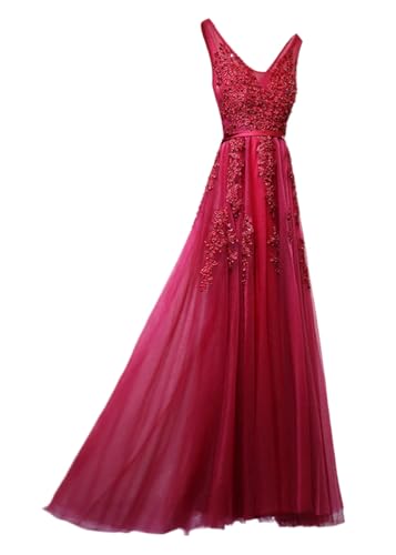 ORANDESIGNE Damen Abendkleider Elegant für Hochzeit Tüll Ballkleider Lang Brautjungfernkleider Cocktailkleid Festliche Kleider Hochzeitsgäste A Weinrot XXL von ORANDESIGNE