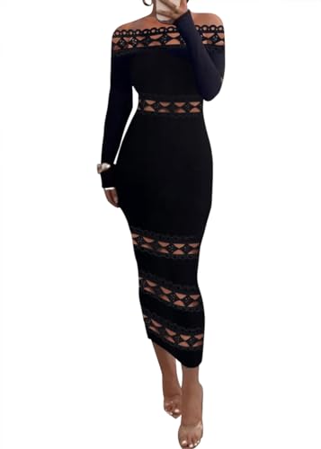 ORANDESIGNE Damen Abendkleider Patchwork Trägerloses Durchsichtig Langarm Hohe Taille Elegante Schwarz Bodycon Midikleider Partykleid Cocktailkleid Festliche Bleistift Kleider A Schwarz XS von ORANDESIGNE