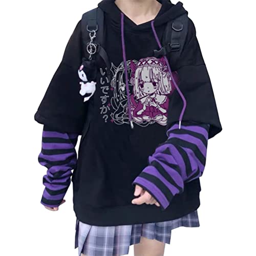 ORANDESIGNE Damen Anime Kapuzenpullover Japan Kawaii Hoodie Mädchen Y2K Gothic Sweatshirt Pullover E-Girl Streetwear G Violett S von ORANDESIGNE