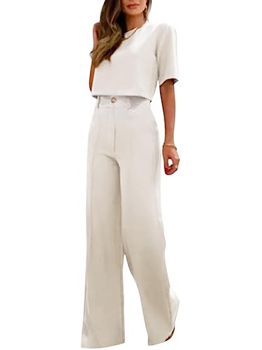 ORANDESIGNE Damen Anzug Elegant 2 Teilig Modern Set Hose Weite Beine + Bauchfreies Oberteil Hosenanzug Festlich Sommer Outfit Casual Loungewear Cocktail Party Abendrobe Kleidung A Blanc S von ORANDESIGNE
