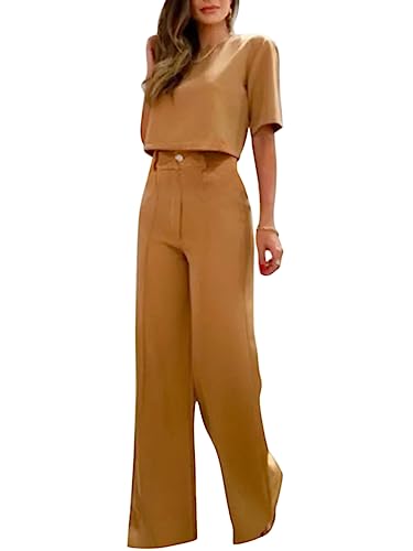 ORANDESIGNE Damen Anzug Elegant 2 Teilig Modern Set Hose Weite Beine + Bauchfreies Oberteil Hosenanzug Festlich Sommer Outfit Casual Loungewear Cocktail Party Abendrobe Kleidung A Jaune L von ORANDESIGNE
