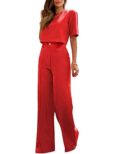ORANDESIGNE Damen Anzug Elegant 2 Teilig Modern Set Hose Weite Beine + Bauchfreies Oberteil Hosenanzug Festlich Sommer Outfit Casual Loungewear Cocktail Party Abendrobe Kleidung A Rouge M von ORANDESIGNE