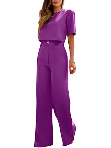 ORANDESIGNE Damen Anzug Elegant 2 Teilig Modern Set Hose Weite Beine + Bauchfreies Oberteil Hosenanzug Festlich Sommer Outfit Casual Loungewear Cocktail Party Abendrobe Kleidung A Violet L von ORANDESIGNE