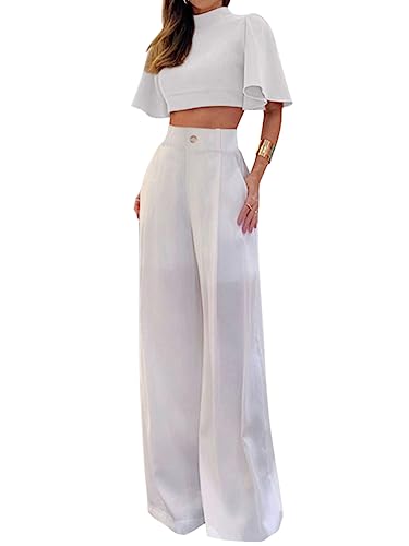 ORANDESIGNE Damen Anzug Elegant 2 Teilig Modern Set Hose Weite Beine + Bauchfreies Oberteil Hosenanzug Festlich Sommer Outfit Casual Loungewear Cocktail Party Abendrobe Kleidung B Weiß L von ORANDESIGNE