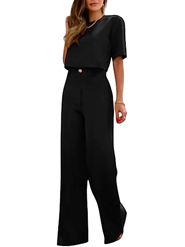 ORANDESIGNE Damen Anzug Elegant 2 Teilig Modern Set Hose Weite Beine + Bauchfreies Oberteil Hosenanzug Festlich Sommer Outfit Casual Loungewear Cocktail Party Abendrobe Kleidung A Noir M von ORANDESIGNE