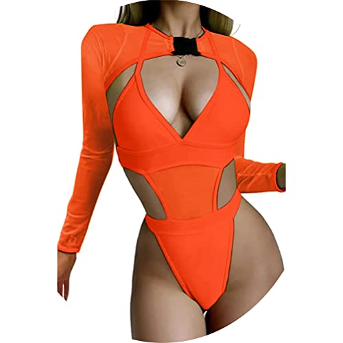 ORANDESIGNE Damen Badeanzug 2-Teilig Neon Rave Outfit Sexy Niedrig Geschnitten mit Y2K Langarm Crop Top Cover-up Bikini Clubwear A Orange L von ORANDESIGNE