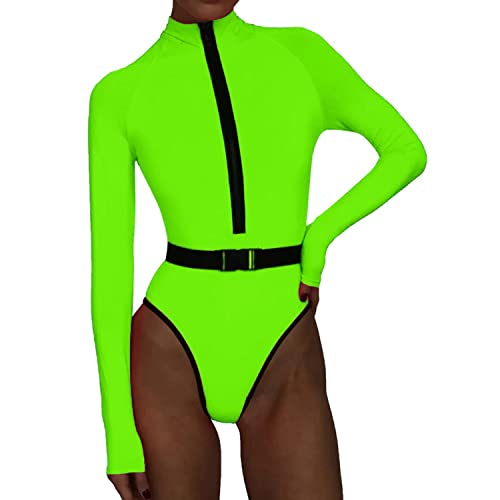 ORANDESIGNE Damen Badeanzug 2-Teilig Neon Rave Outfit Sexy Niedrig Geschnitten mit Y2K Langarm Crop Top Cover-up Bikini Clubwear I Grün L von ORANDESIGNE
