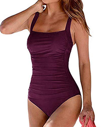 ORANDESIGNE Damen Badeanzug Drucken Einteiler Swimsuit Einfarbig Badeanzug Bandeau Badeanzug Verstellbarer Schultergurt Badeanzüge Falten Bademode Schwimmanzug B-Burgundy rot L von ORANDESIGNE