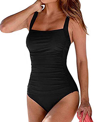 ORANDESIGNE Damen Badeanzug Drucken Einteiler Swimsuit Einfarbig Badeanzug Bandeau Badeanzug Verstellbarer Schultergurt Badeanzüge Falten Bademode Schwimmanzug B-Schwarz L von ORANDESIGNE