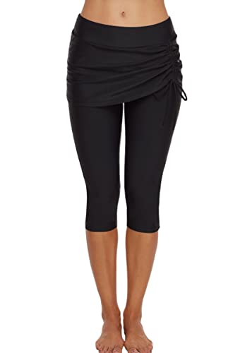 ORANDESIGNE Damen Badeshorts 3/4 Lang Badehose Badeleggings mit Rock Strand Boardshorts Schnell Trocknendes Schwimmshorts Wassersport Bikinihose Schwimmhose Builtin Pantie A Schwarz L von ORANDESIGNE