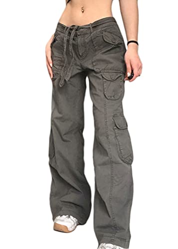 ORANDESIGNE Damen Baggy Cargohose Niedriger Taille Y2k Indie Ästhetik Jogginghose mit Kordelzug Oversized Hippie Punk Streetwear E-Girl Teenager Mädchen Harajuku Breites Bein Freizeithose F Grau M von ORANDESIGNE