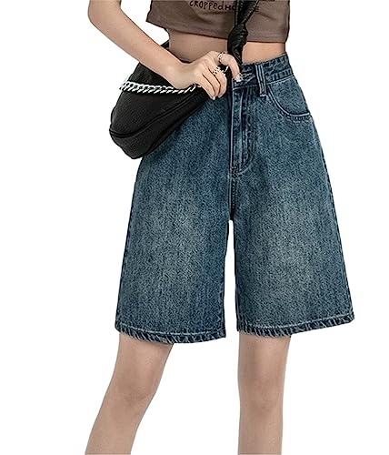 ORANDESIGNE Jorts Damen Kurze Denim Hose Sommer Bermuda Shorts Hohe Taille Loose Fit Casual Harajuku Jeans F Blau XS von ORANDESIGNE
