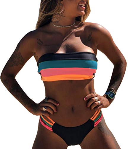 ORANDESIGNE Damen Bandeau Bikini Set Abnehmbar Neckholder Gepolstert Badeanzug Badeanzüge A Blau 38 von ORANDESIGNE