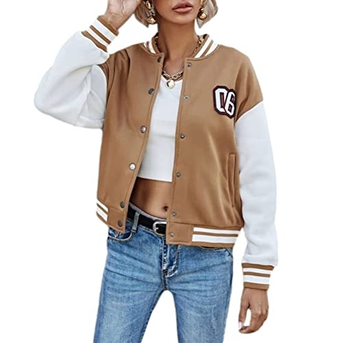 ORANDESIGNE Damen Baseball Jacke Frauen College Jacke Mädchen Wintermantel Warm Kurze Vintage Bomberjacke Ladies Sweat Jacket Sweatjacke für Frauen Herbst Frühling C Khaki M von ORANDESIGNE