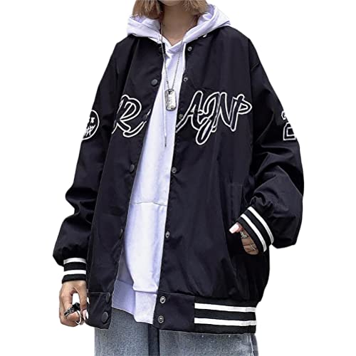 ORANDESIGNE Damen Baseball Jacke Vintage College Jacke mit Knöpfen Sweatjacke Fashion 90er Aestethic Teenager Mädchen Frühling Herbst Übergangsjacke K Schwarz XXL von ORANDESIGNE