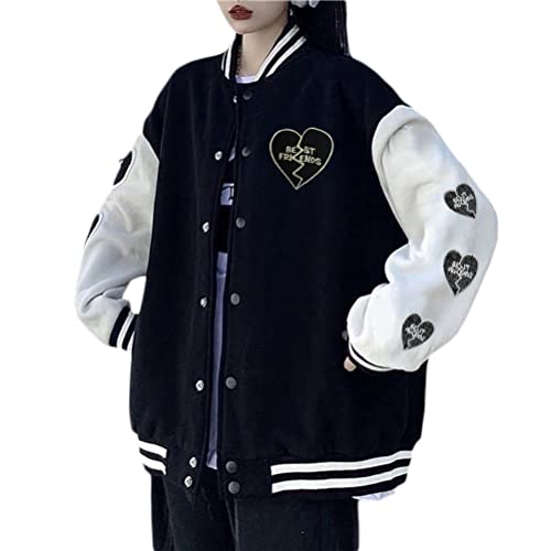 ORANDESIGNE Damen Baseball Jacke Vintage College Jacke mit Knöpfen Sweatjacke Fashion 90er Aestethic Teenager Mädchen Frühling Herbst Übergangsjacke N Schwarz M von ORANDESIGNE