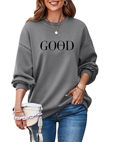 ORANDESIGNE Damen Baumwoll Sweatshirt Basic Pullover Briefe Drucken Langarm Rundhals Pulli Casual Oberteil Sport Streetwear Ohne Kapuze Bluse Tops Mädchen Sportbekleidung Casual Top A Dunkelgrau M von ORANDESIGNE