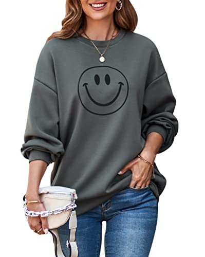 ORANDESIGNE Damen Baumwoll Sweatshirt Basic Pullover Briefe Drucken Langarm Rundhals Pulli Casual Oberteil Sport Streetwear Ohne Kapuze Bluse Tops Mädchen Sportbekleidung Casual Top C Dunkelgrau XS von ORANDESIGNE