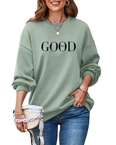 ORANDESIGNE Damen Baumwoll Sweatshirt Basic Pullover Briefe Drucken Langarm Rundhals Pulli Casual Oberteil Sport Streetwear Ohne Kapuze Bluse Tops Mädchen Sportbekleidung Casual Top Chic A Grün M von ORANDESIGNE