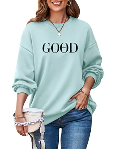 ORANDESIGNE Damen Baumwoll Sweatshirt Basic Pullover Briefe Drucken Langarm Rundhals Pulli Casual Oberteil Sport Streetwear Ohne Kapuze Bluse Tops Mädchen Sportbekleidung Casual Top Chic A Hellgrün L von ORANDESIGNE