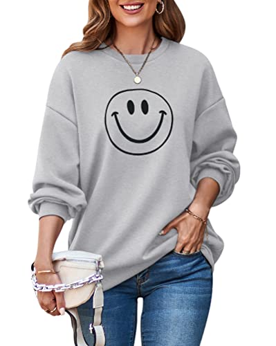 ORANDESIGNE Damen Baumwoll Sweatshirt Basic Pullover Briefe Drucken Langarm Rundhals Pulli Casual Oberteil Sport Streetwear Ohne Kapuze Bluse Tops Mädchen Sportbekleidung Casual Top Chic C Grau L von ORANDESIGNE