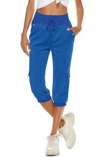 ORANDESIGNE Damen Baumwolle Leinen Capri Haremshose 3/4 Länge Pumphose Baggy Leichte Sommerhose Hohe Taille Kurze Pluderhose Yogahosen Bequeme Freizeithose B Blau S von ORANDESIGNE