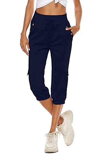 ORANDESIGNE Damen Baumwolle Leinen Capri Haremshose 3/4 Länge Pumphose Baggy Leichte Sommerhose Hohe Taille Kurze Pluderhose Yogahosen Bequeme Freizeithose B Navy Blau S von ORANDESIGNE