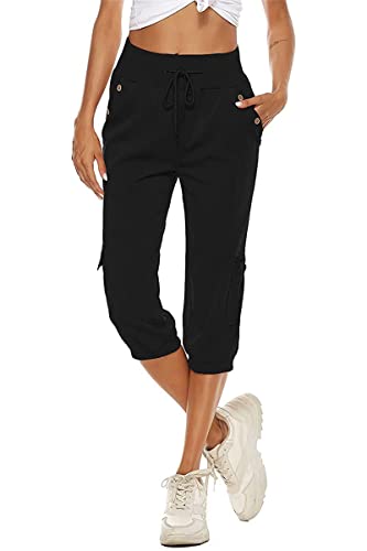 ORANDESIGNE Damen Baumwolle Leinen Capri Haremshose 3/4 Länge Pumphose Baggy Leichte Sommerhose Hohe Taille Kurze Pluderhose Yogahosen Bequeme Freizeithose B Schwarz 3XL von ORANDESIGNE