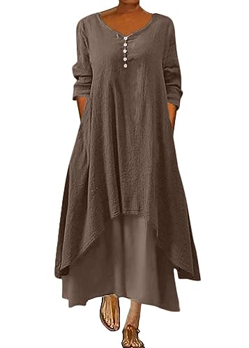 ORANDESIGNE Damen Baumwolle Leinen Einfarbig Kaftan Lose V-Ausschnitt Leinenkleid 2 in 1 Maxikleid Freizeitkleid Oversized Sommerkleid Strandkleider Boho Langes Kleid mit Taschen A Braun L von ORANDESIGNE