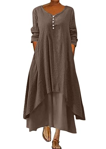 ORANDESIGNE Damen Baumwolle Leinen Einfarbig Kaftan Lose V-Ausschnitt Leinenkleid 2 in 1 Maxikleid Freizeitkleid Oversized Sommerkleid Strandkleider Boho Langes Kleid mit Taschen A Braun S von ORANDESIGNE