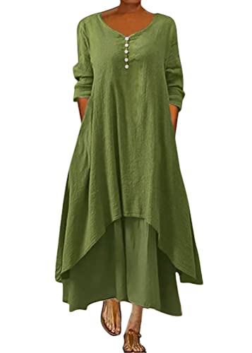 ORANDESIGNE Damen Baumwolle Leinen Einfarbig Kaftan Lose V-Ausschnitt Leinenkleid 2 in 1 Maxikleid Freizeitkleid Oversized Sommerkleid Strandkleider Boho Langes Kleid mit Taschen A Grün 3XL von ORANDESIGNE