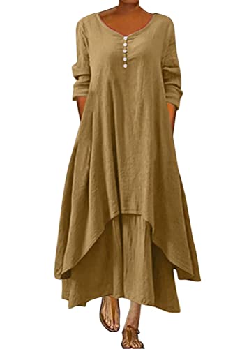 ORANDESIGNE Damen Baumwolle Leinen Einfarbig Kaftan Lose V-Ausschnitt Leinenkleid 2 in 1 Maxikleid Freizeitkleid Oversized Sommerkleid Strandkleider Boho Langes Kleid mit Taschen A Khaki M von ORANDESIGNE