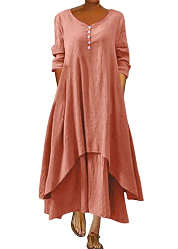 ORANDESIGNE Damen Baumwolle Leinen Einfarbig Kaftan Lose V-Ausschnitt Leinenkleid 2 in 1 Maxikleid Freizeitkleid Oversized Sommerkleid Strandkleider Boho Langes Kleid mit Taschen A Rosa XXL von ORANDESIGNE