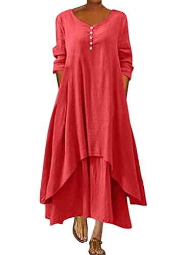 ORANDESIGNE Damen Baumwolle Leinen Einfarbig Kaftan Lose V-Ausschnitt Leinenkleid 2 in 1 Maxikleid Freizeitkleid Oversized Sommerkleid Strandkleider Boho Langes Kleid mit Taschen A Rot XXL von ORANDESIGNE