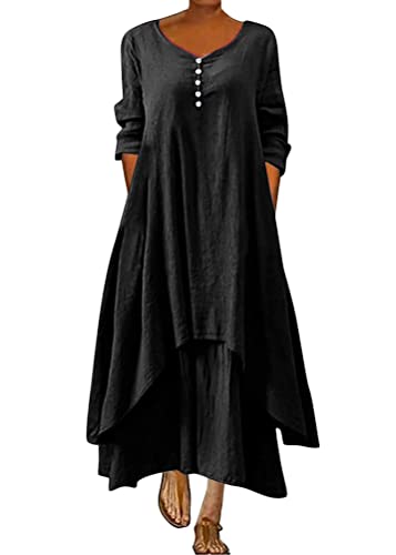 ORANDESIGNE Damen Baumwolle Leinen Einfarbig Kaftan Lose V-Ausschnitt Leinenkleid 2 in 1 Maxikleid Freizeitkleid Oversized Sommerkleid Strandkleider Boho Langes Kleid mit Taschen A Schwarz M von ORANDESIGNE