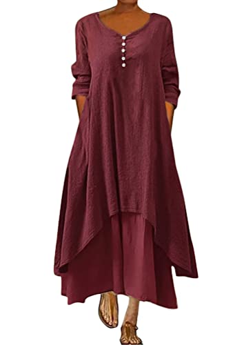 ORANDESIGNE Damen Baumwolle Leinen Einfarbig Kaftan Lose V-Ausschnitt Leinenkleid 2 in 1 Maxikleid Freizeitkleid Oversized Sommerkleid Strandkleider Boho Langes Kleid mit Taschen A Weinrot 3XL von ORANDESIGNE